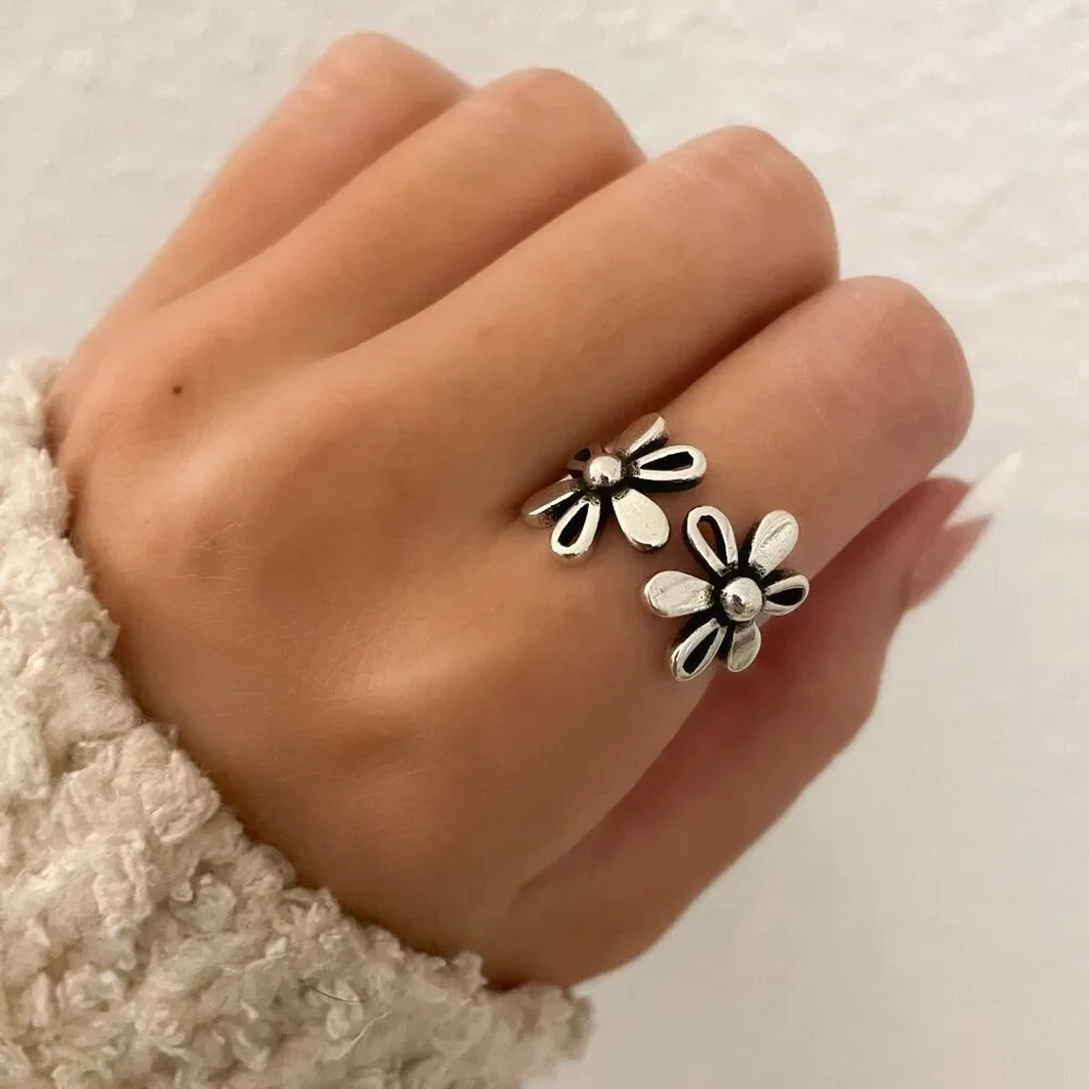 925 Sterling Silver Vintage Flower Ring Dainty Minimalist Flower Ring